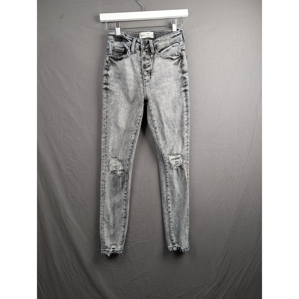 BKE Billie High Rise Ankle Skinny Jeans Grey Acid Wash Distressed 25 Button‎ Fly